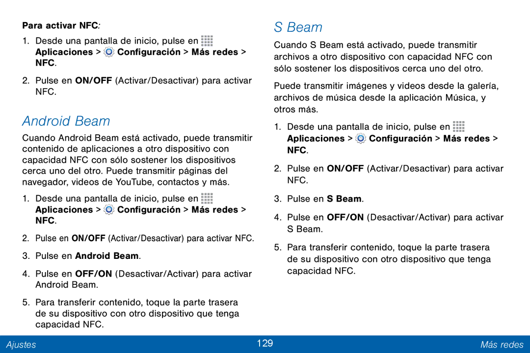 Samsung GH68-42147A manual Android Beam, Ajustes 129 Más redes 