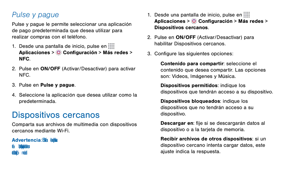 Samsung GH68-42147A manual Dispositivos cercanos, Pulse y pague, Ajustes 130 Más redes 