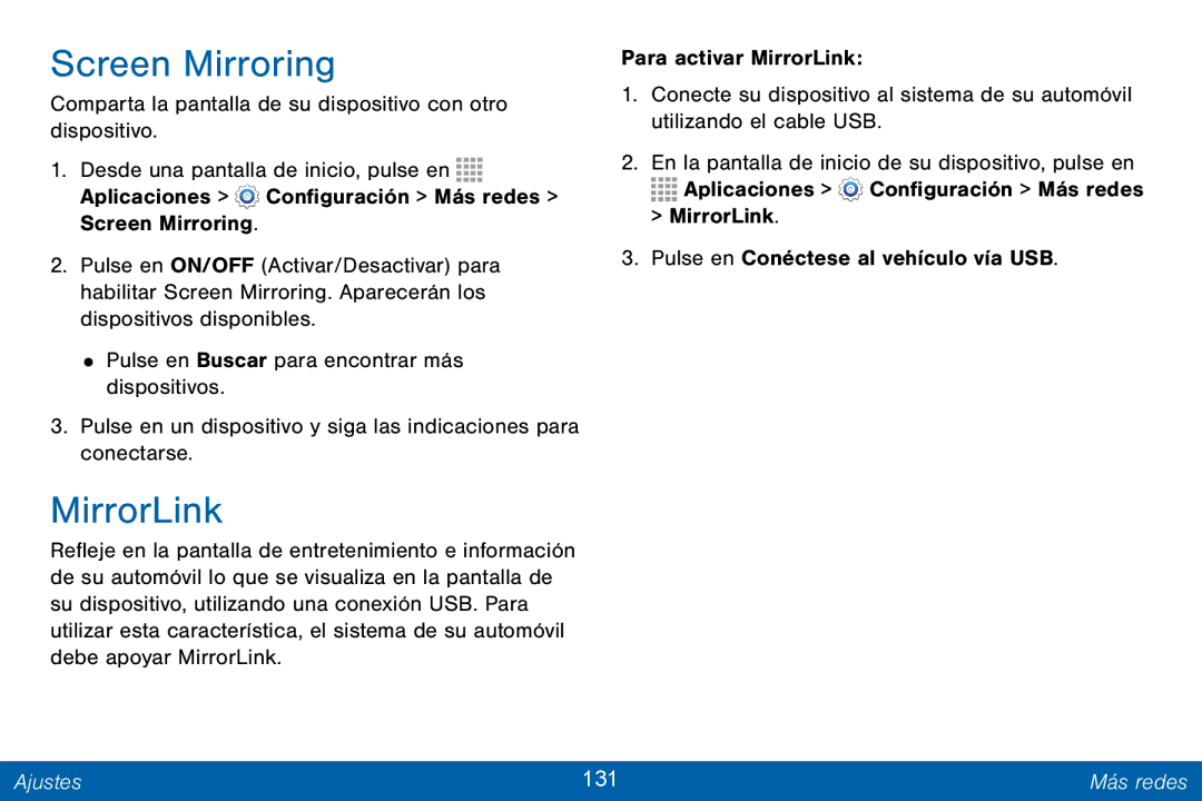 Samsung GH68-42147A manual Screen Mirroring, MirrorLink, Ajustes 131 Más redes 