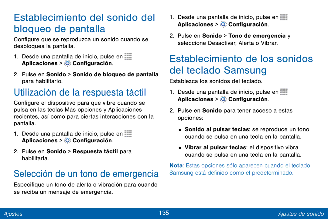 Samsung GH68-42147A manual Establecimiento del sonido del bloqueo de pantalla, Utilización de la respuesta táctil 