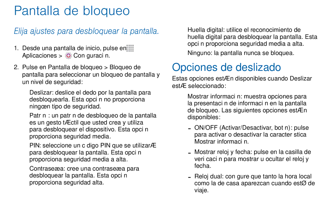 Samsung GH68-42147A manual Opciones de deslizado, Ajustes 141 Pantalla de bloqueo 