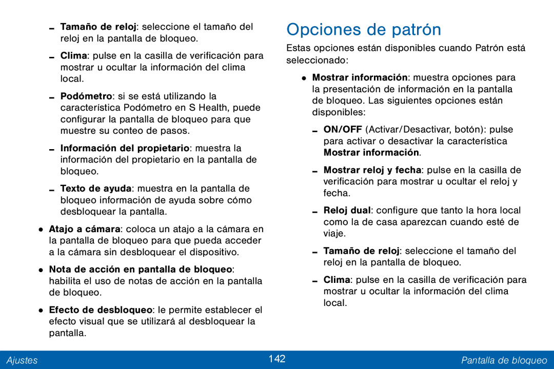 Samsung GH68-42147A manual Opciones de patrón, Ajustes 142 Pantalla de bloqueo 