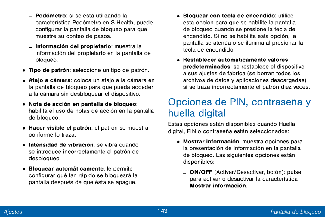 Samsung GH68-42147A manual Opciones de PIN, contraseña y huella digital, Ajustes 143 Pantalla de bloqueo 