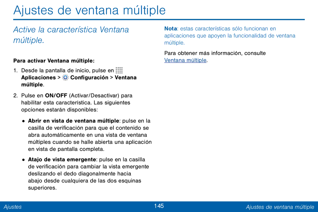 Samsung GH68-42147A manual Ajustes de ventana múltiple, Active la característica Ventana múltiple, Ajustes 145 