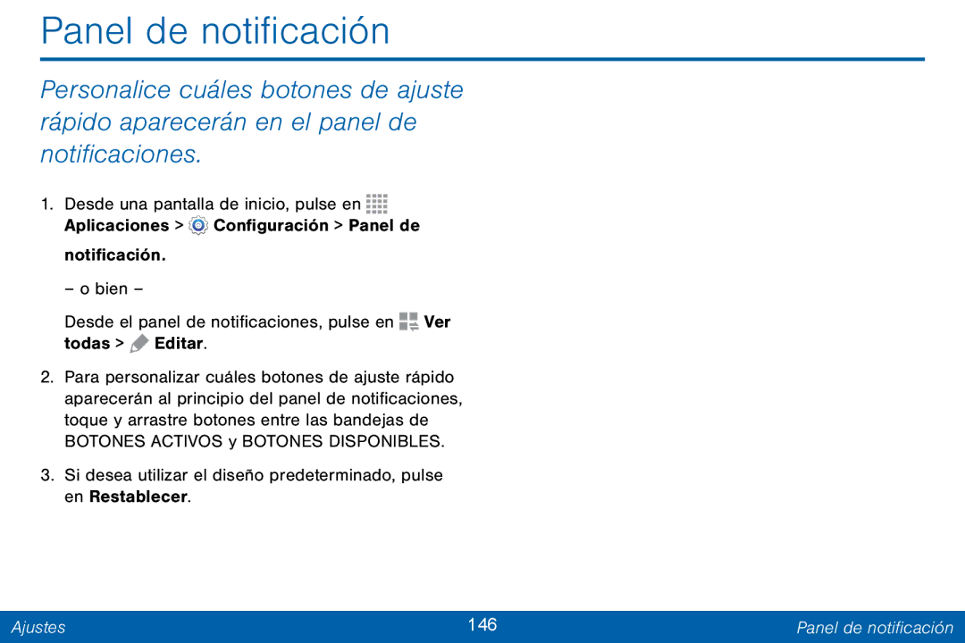 Samsung GH68-42147A manual Ajustes 146 Panel de notificación 