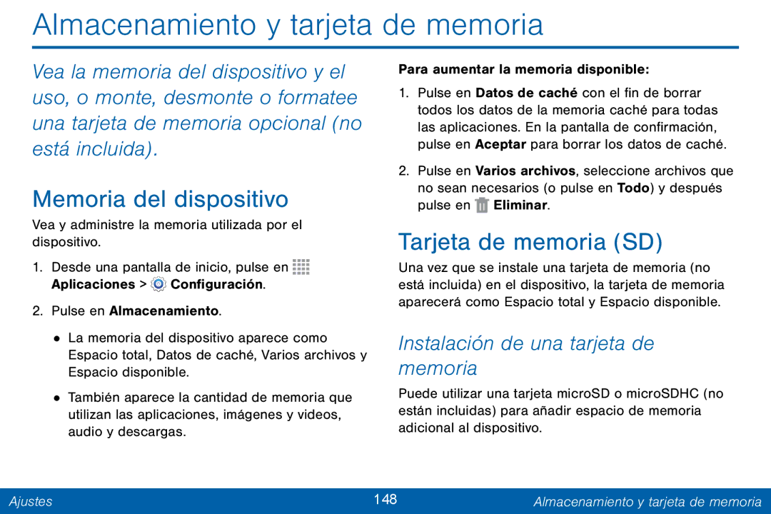 Samsung GH68-42147A manual Almacenamiento y tarjeta de memoria, Memoria del dispositivo, Tarjeta de memoria SD, Ajustes 148 