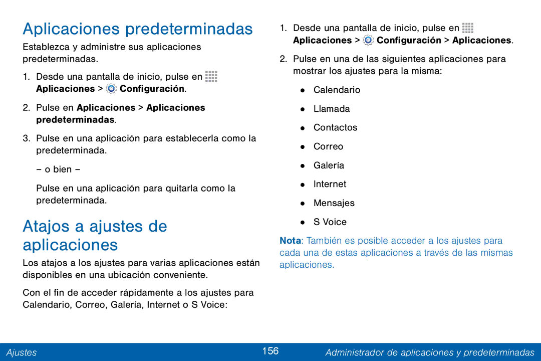 Samsung GH68-42147A manual Aplicaciones predeterminadas, Atajos a ajustes de aplicaciones, Ajustes 156 