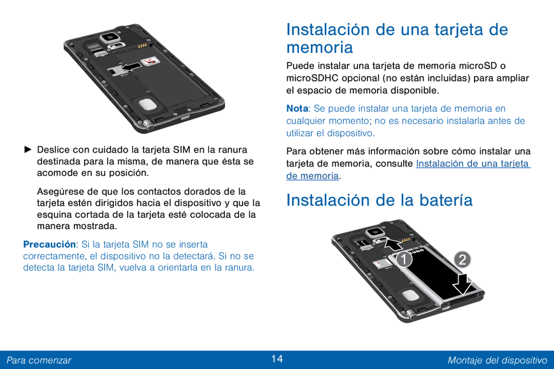 Samsung GH68-42147A manual Instalación de una tarjeta de memoria, Instalación de la batería 