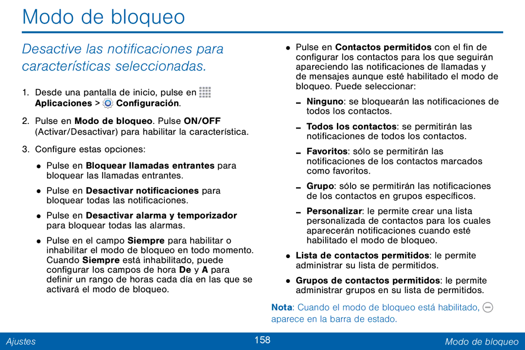 Samsung GH68-42147A manual Modo de bloqueo, Desactive las notificaciones para, Características seleccionadas 