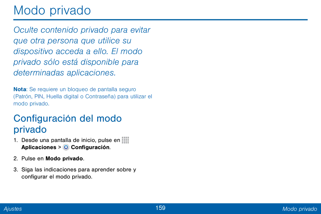 Samsung GH68-42147A manual Configuración del modo privado, Ajustes 159 Modo privado 