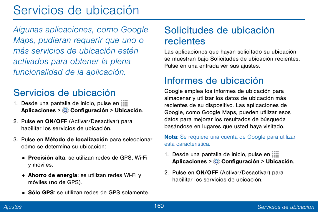 Samsung GH68-42147A manual Servicios de ubicación, Solicitudes de ubicación recientes, Informes de ubicación 