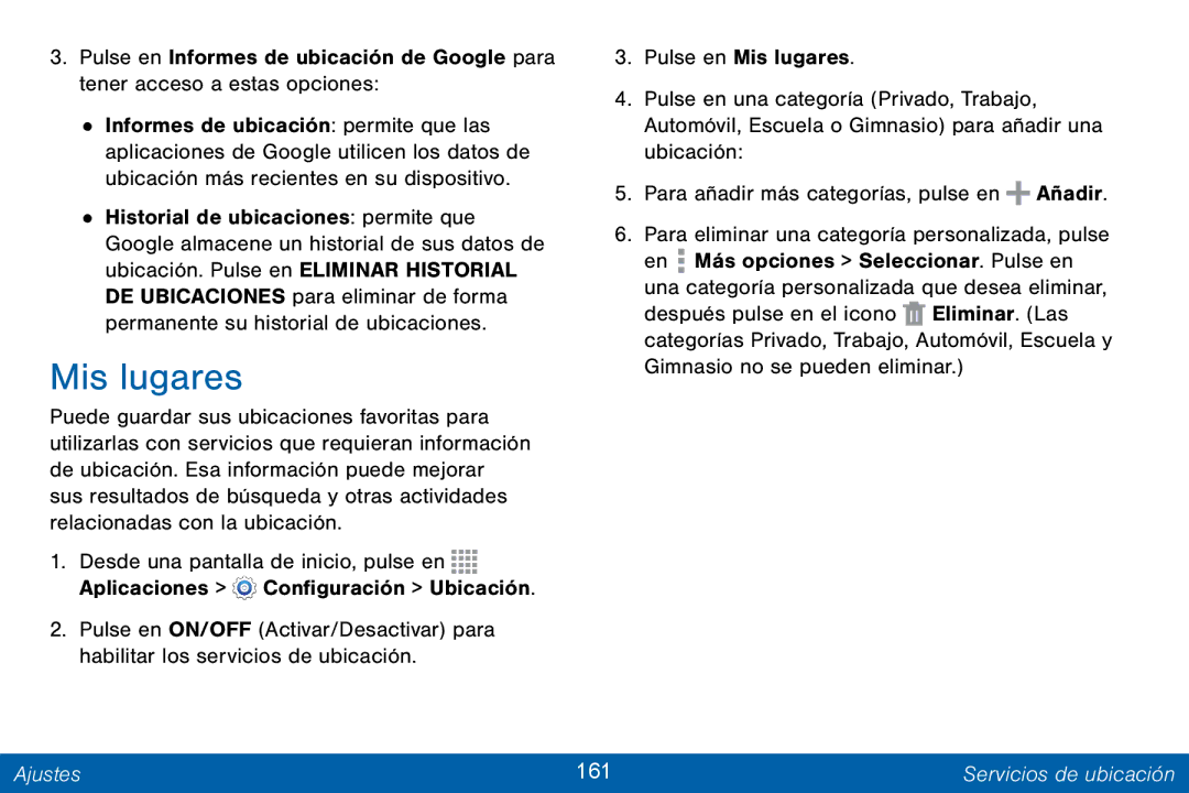 Samsung GH68-42147A manual Mis lugares, Ajustes 161 Servicios de ubicación 