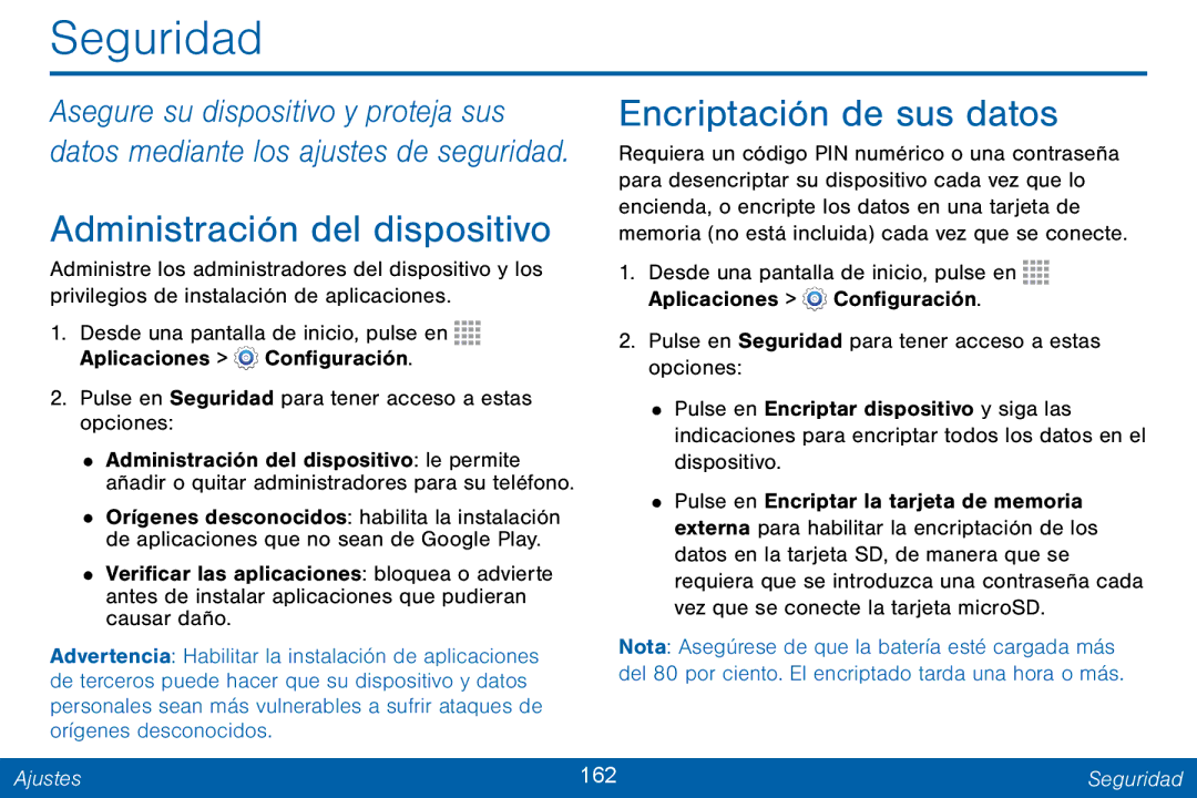 Samsung GH68-42147A manual Seguridad, Encriptación de sus datos, Administración del dispositivo, Ajustes 162 