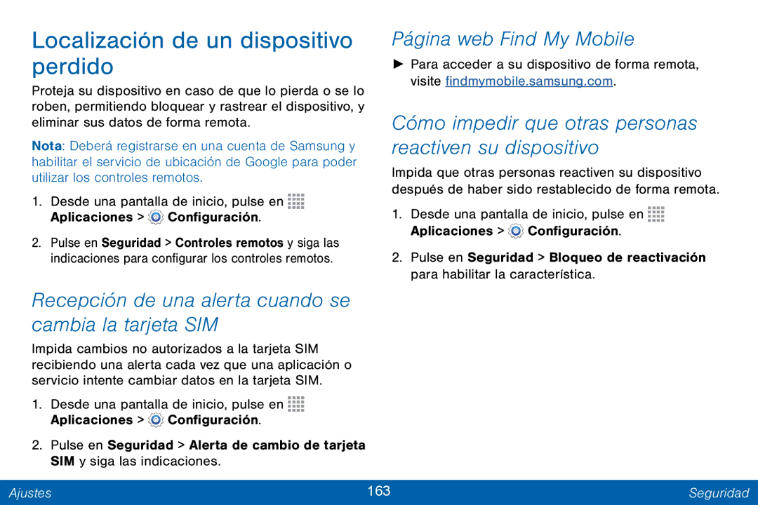 Samsung GH68-42147A manual Localización de un dispositivo perdido, Página web Find My Mobile, Ajustes 163 Seguridad 