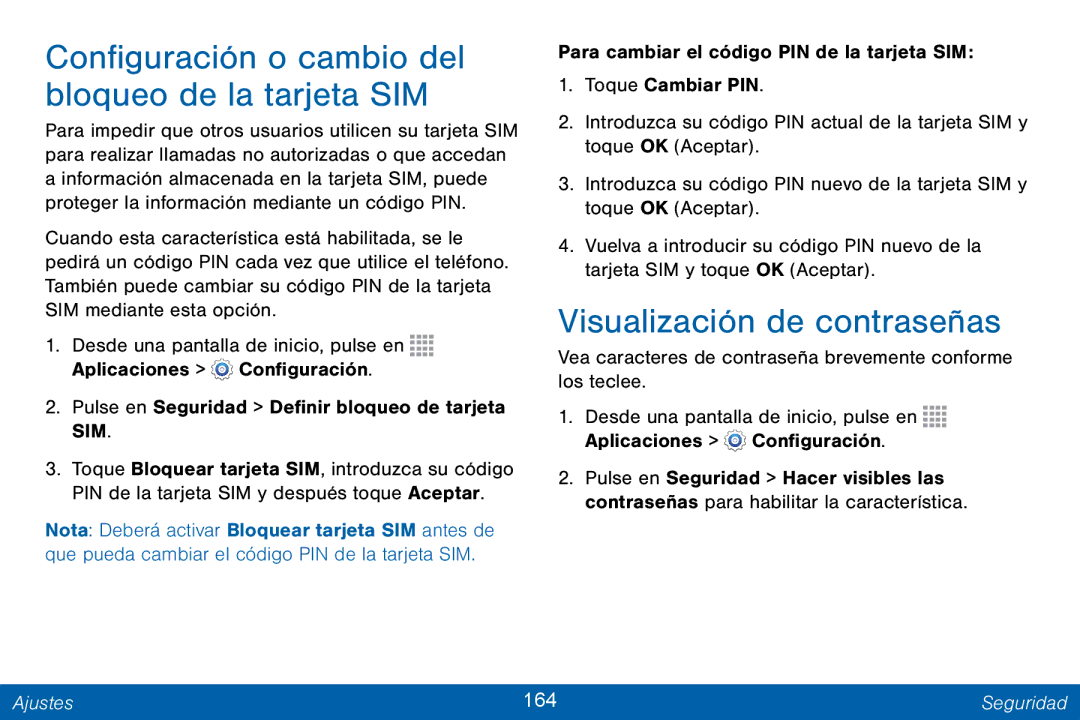 Samsung GH68-42147A manual Visualización de contraseñas, Ajustes 164 Seguridad 