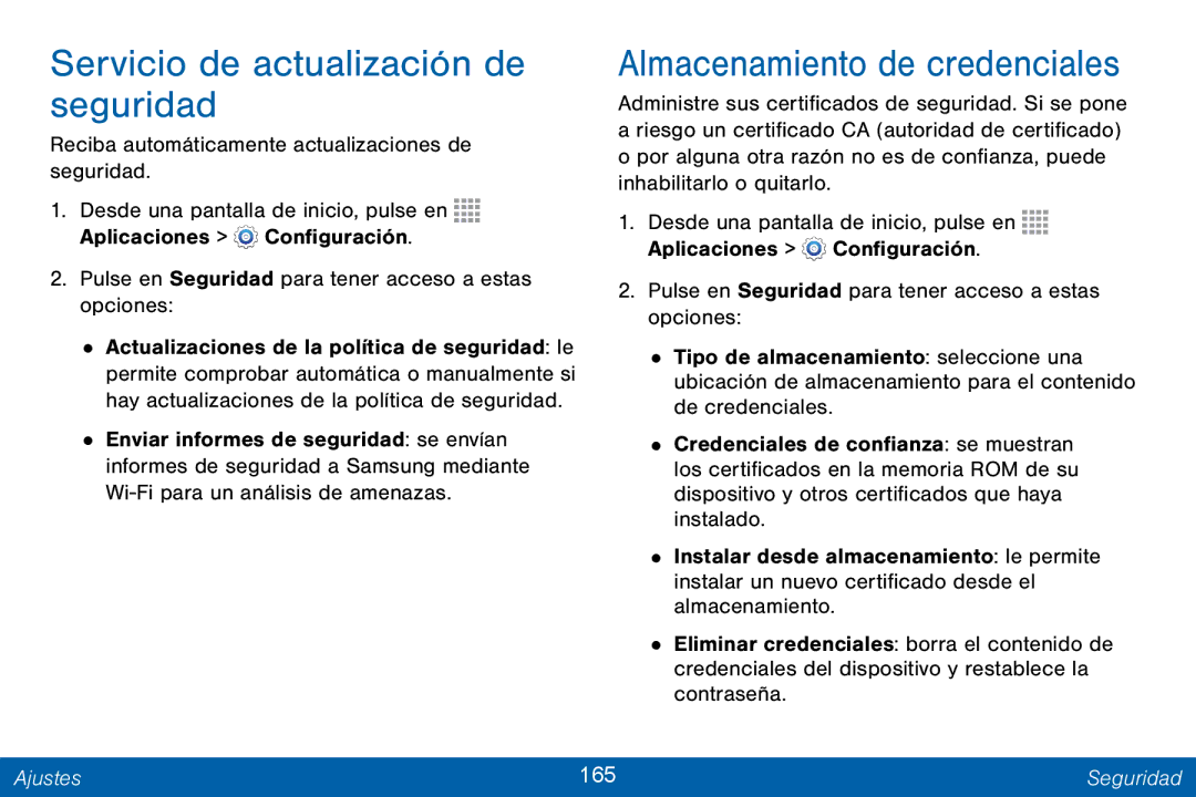 Samsung GH68-42147A manual Servicio de actualización de seguridad, Ajustes 165 Seguridad 