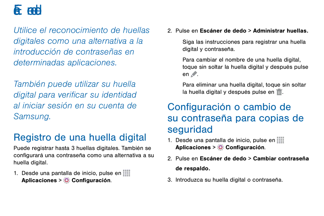 Samsung GH68-42147A manual Registro de una huella digital, Ajustes 166 Escáner de dedo 