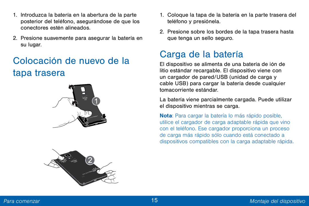 Samsung GH68-42147A manual Colocación de nuevo de la tapa trasera, Carga de la batería 