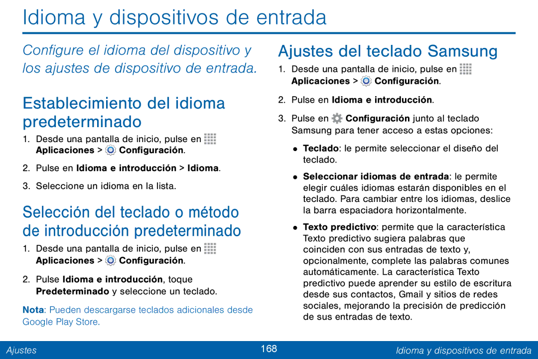 Samsung GH68-42147A manual Idioma y dispositivos de entrada, Establecimiento del idioma predeterminado, Ajustes 168 