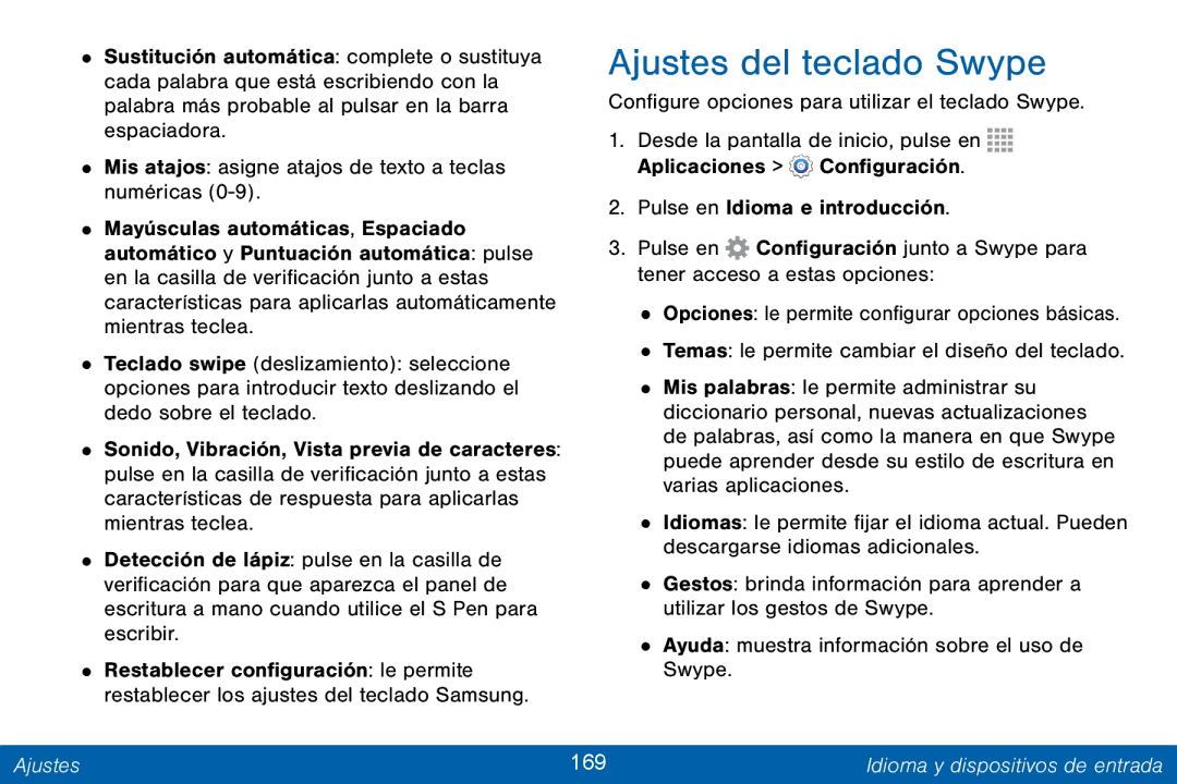 Samsung GH68-42147A manual Ajustes del teclado Swype, Ajustes 169 