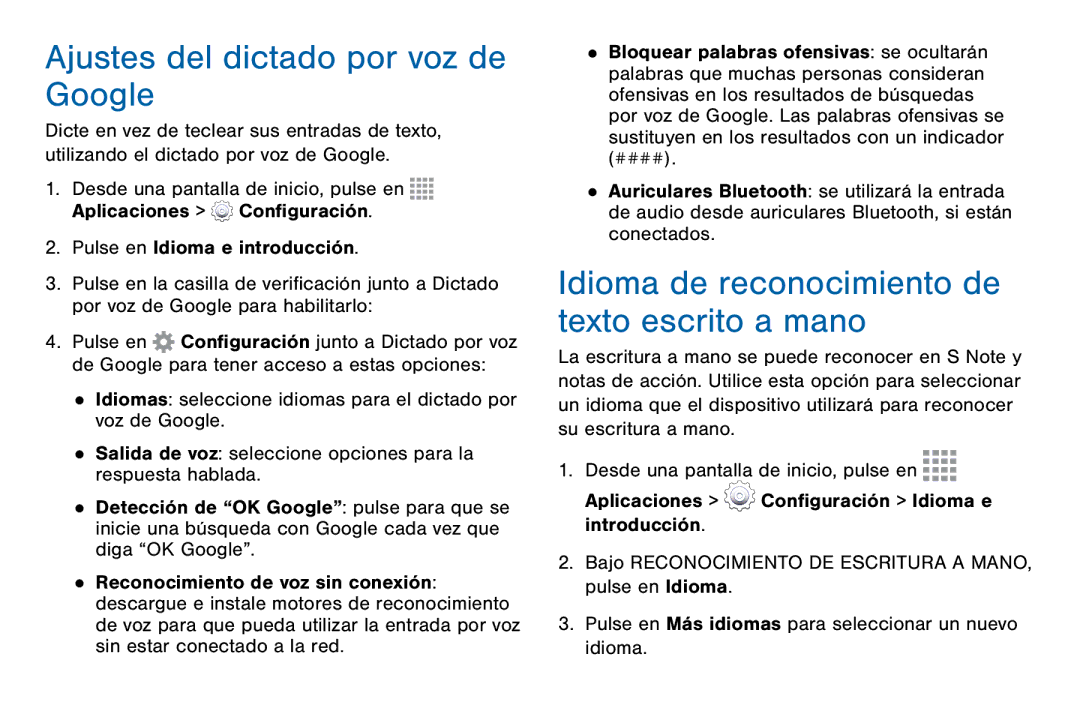 Samsung GH68-42147A Ajustes del dictado por voz de Google, Idioma de reconocimiento de texto escrito a mano, Ajustes 170 