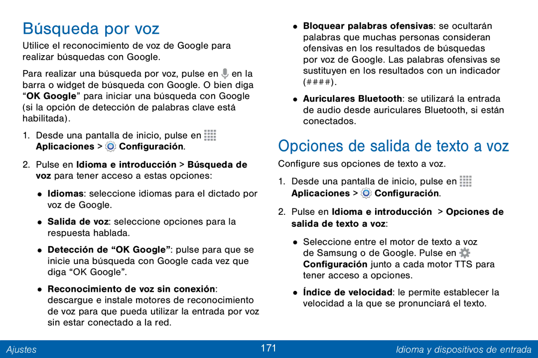 Samsung GH68-42147A manual Opciones de salida de texto a voz, Ajustes 171 