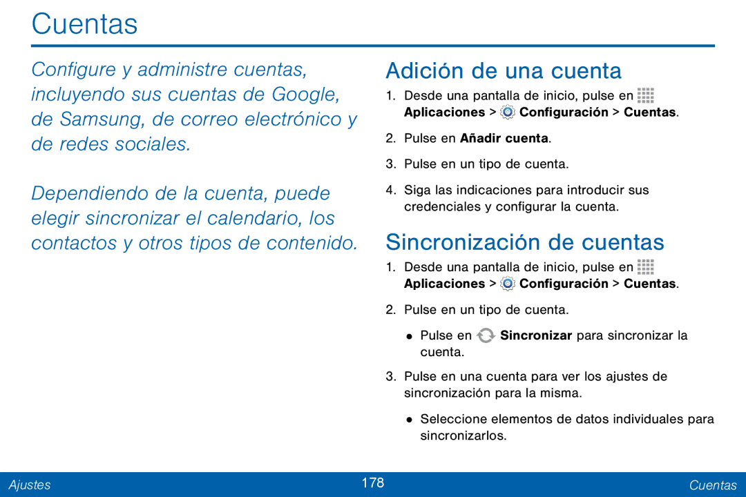 Samsung GH68-42147A manual Adición de una cuenta, Sincronización de cuentas, Ajustes 178 Cuentas 