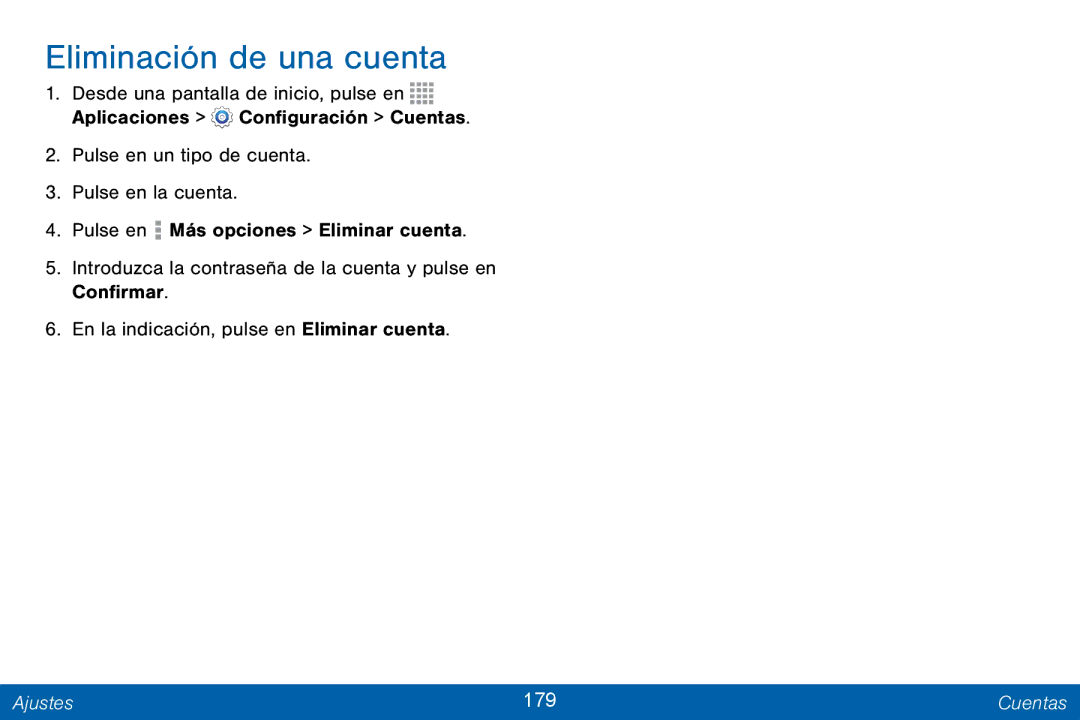 Samsung GH68-42147A manual Eliminación de una cuenta, Ajustes 179 Cuentas 