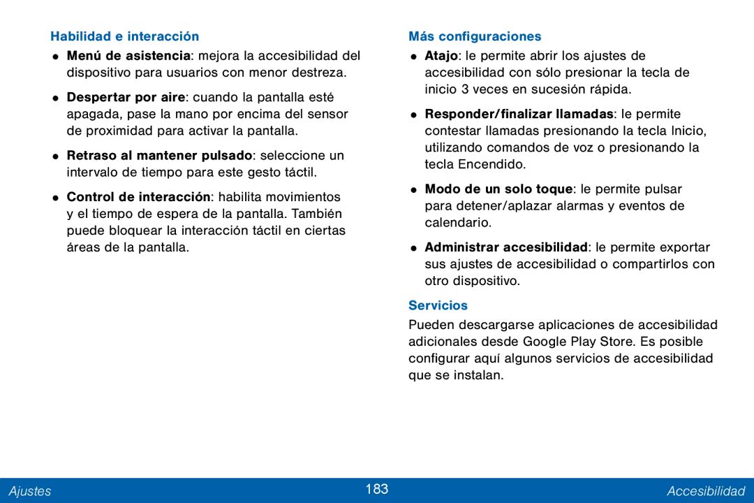 Samsung GH68-42147A manual Habilidad e interacción, Ajustes 183 Accesibilidad 