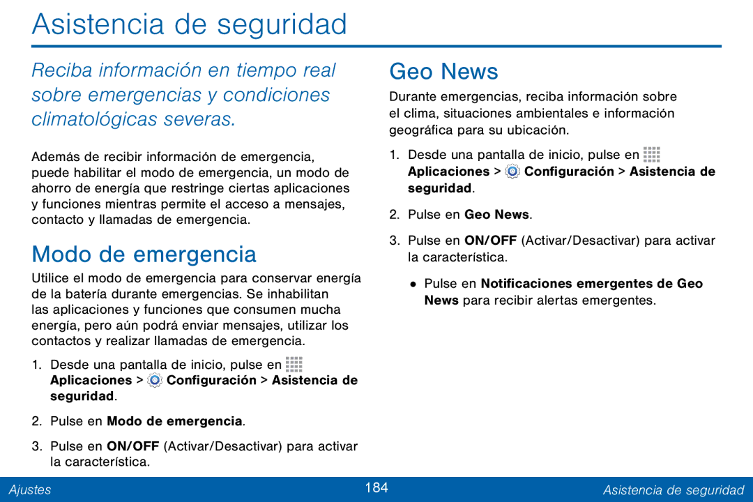 Samsung GH68-42147A manual Asistencia de seguridad, Modo de emergencia, Geo News, Ajustes 184 