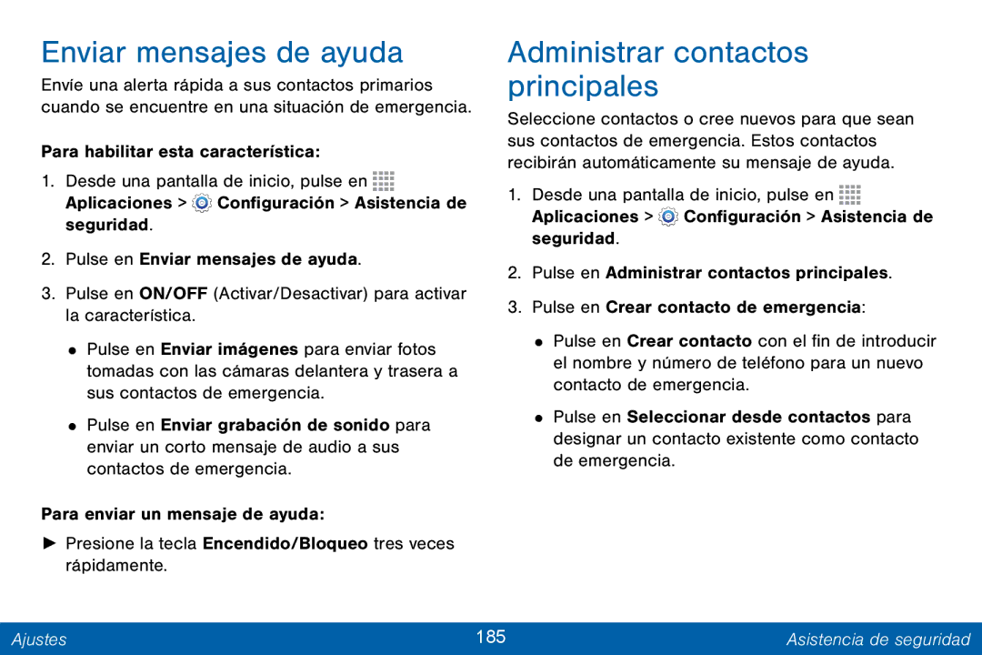 Samsung GH68-42147A manual Enviar mensajes de ayuda, Administrar contactos principales, Ajustes 185 