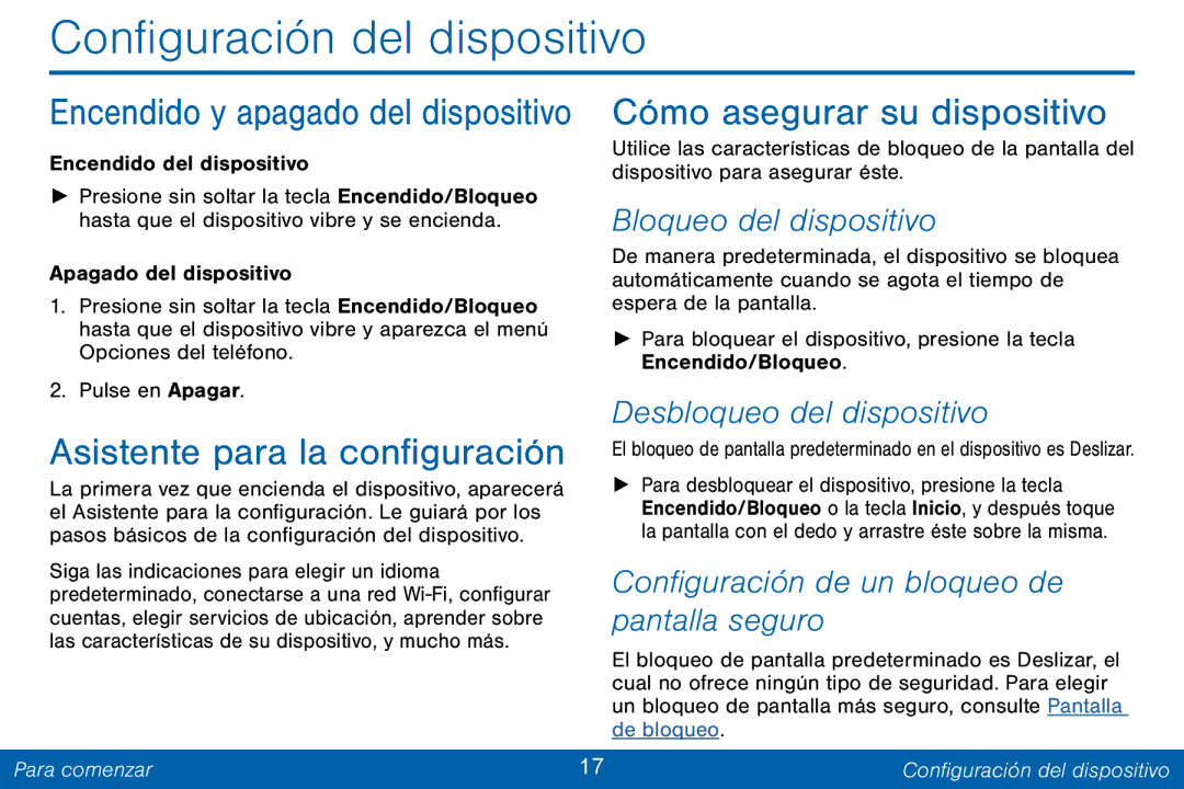 Samsung GH68-42147A manual Configuración del dispositivo, Asistente para la configuración, Cómo asegurar su dispositivo 