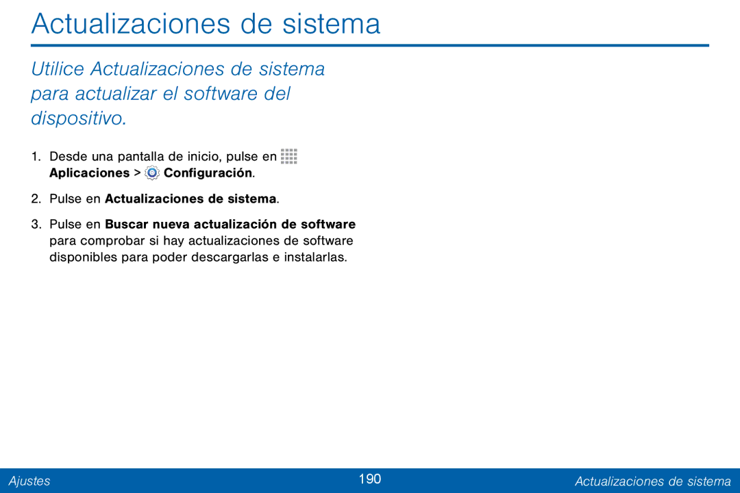 Samsung GH68-42147A manual Actualizaciones de sistema, Ajustes 190 