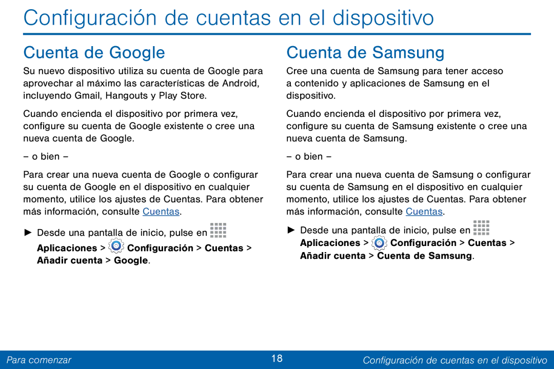 Samsung GH68-42147A manual Configuración de cuentas en el dispositivo, Cuenta de Google, Cuenta de Samsung 