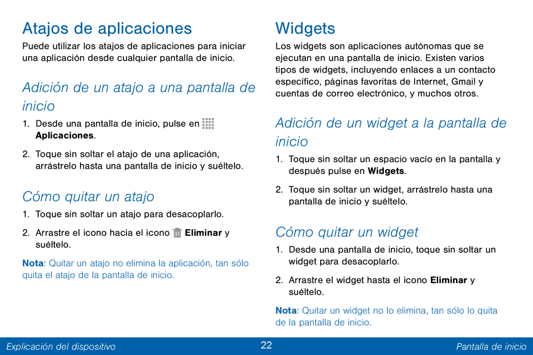 Samsung GH68-42147A manual Atajos de aplicaciones, Widgets 