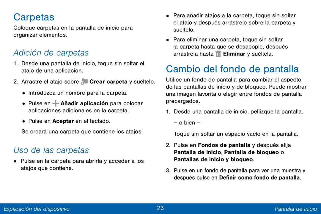 Samsung GH68-42147A manual Carpetas, Cambio del fondo de pantalla, Adición de carpetas, Uso de las carpetas 