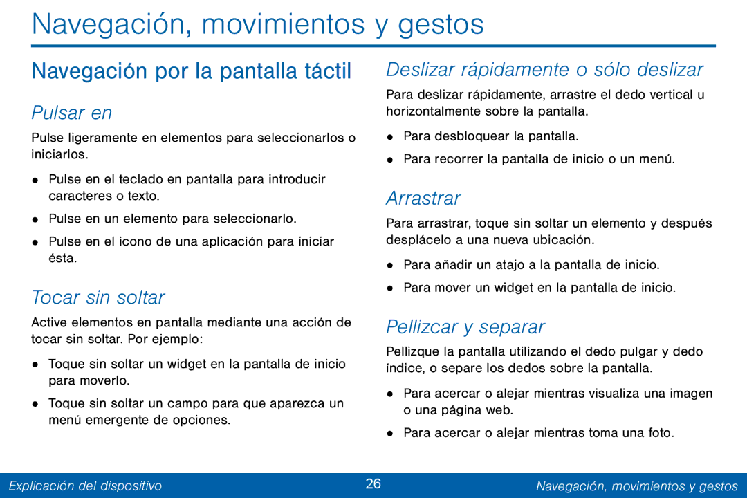 Samsung GH68-42147A manual Navegación, movimientos y gestos, Navegación por la pantalla táctil 