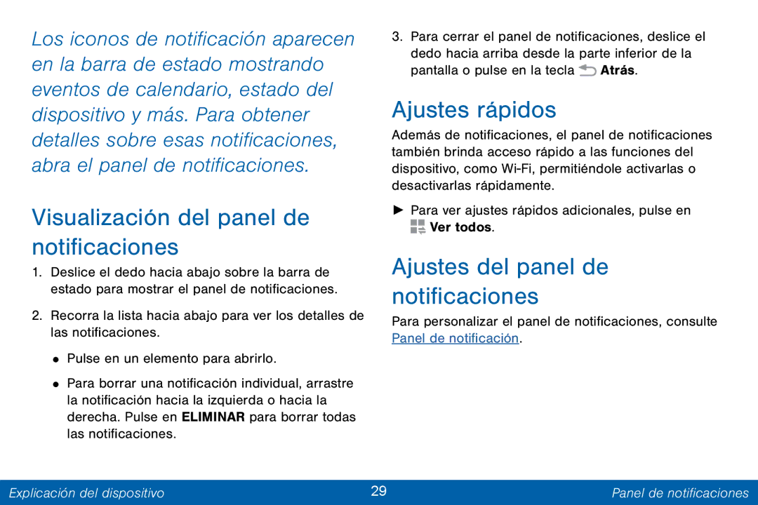 Samsung GH68-42147A manual Visualización del panel de notificaciones, Ajustes rápidos, Ajustes del panel de notificaciones 