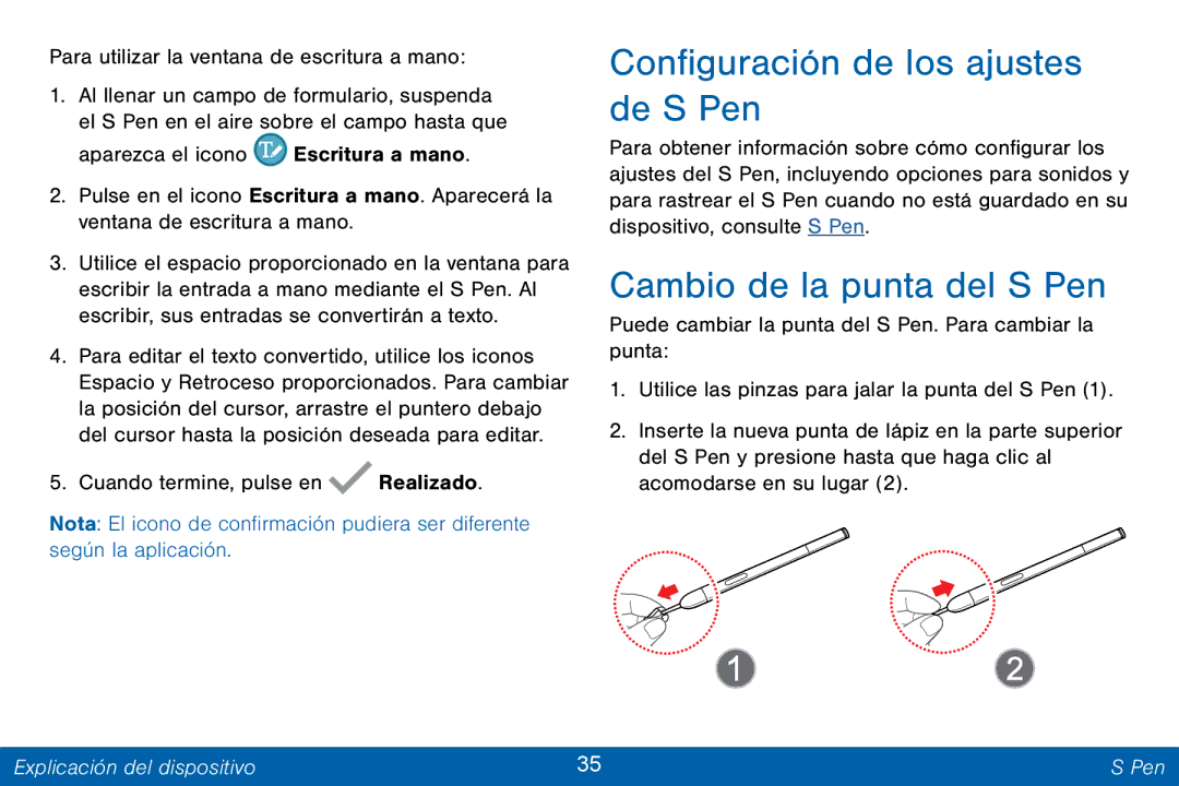 Samsung GH68-42147A manual Configuración de los ajustes de S Pen, Cambio de la punta del S Pen 