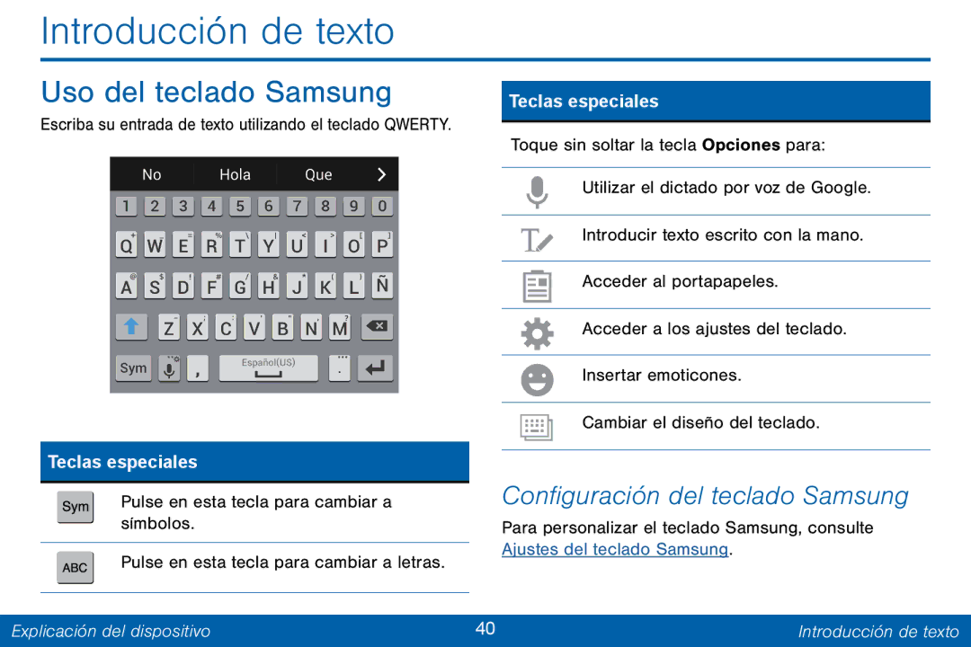 Samsung GH68-42147A manual Introducción de texto, Uso del teclado Samsung, Configuración del teclado Samsung 