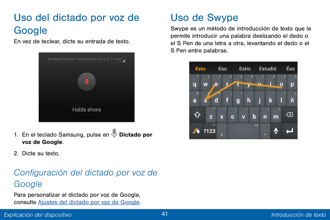 Samsung GH68-42147A manual Uso del dictado por voz de Google, Uso de Swype, Configuración del dictado por voz de Google 