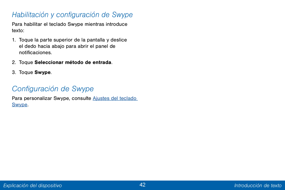 Samsung GH68-42147A manual Habilitación y configuración de Swype, Configuración de Swype 