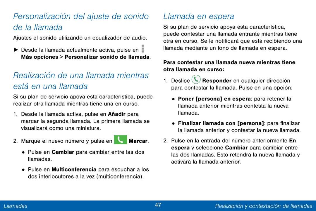 Samsung GH68-42147A manual Personalización del ajuste de sonido de la llamada, Llamada en espera 