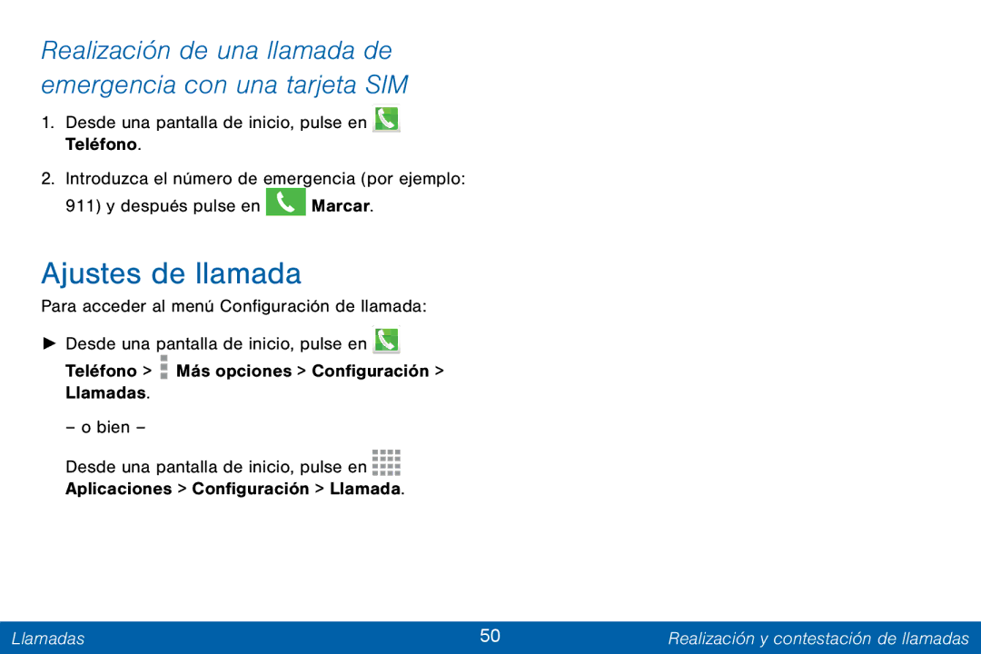 Samsung GH68-42147A manual Ajustes de llamada, Realización de una llamada de emergencia con una tarjeta SIM 