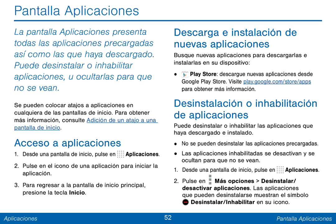 Samsung GH68-42147A manual Pantalla Aplicaciones, Descarga e instalación de nuevas aplicaciones, Acceso a aplicaciones 