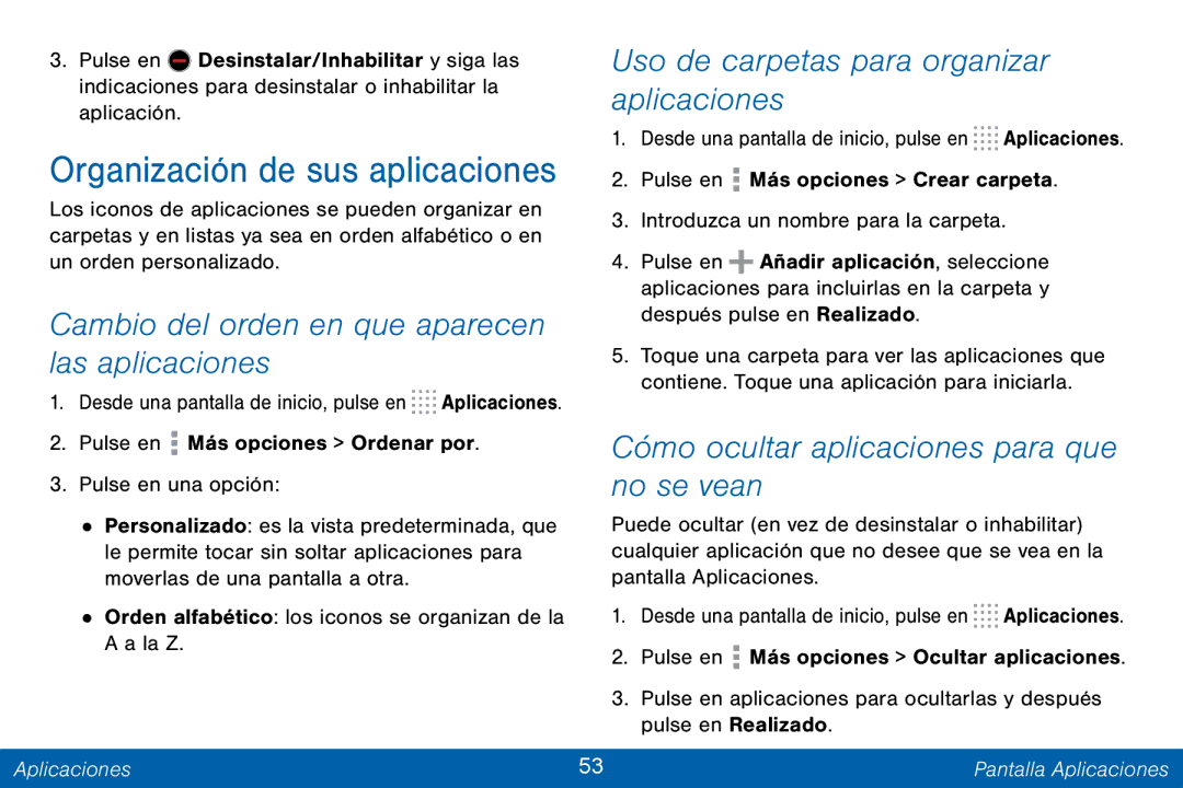 Samsung GH68-42147A manual Cambio del orden en que aparecen las aplicaciones, Uso de carpetas para organizar aplicaciones 