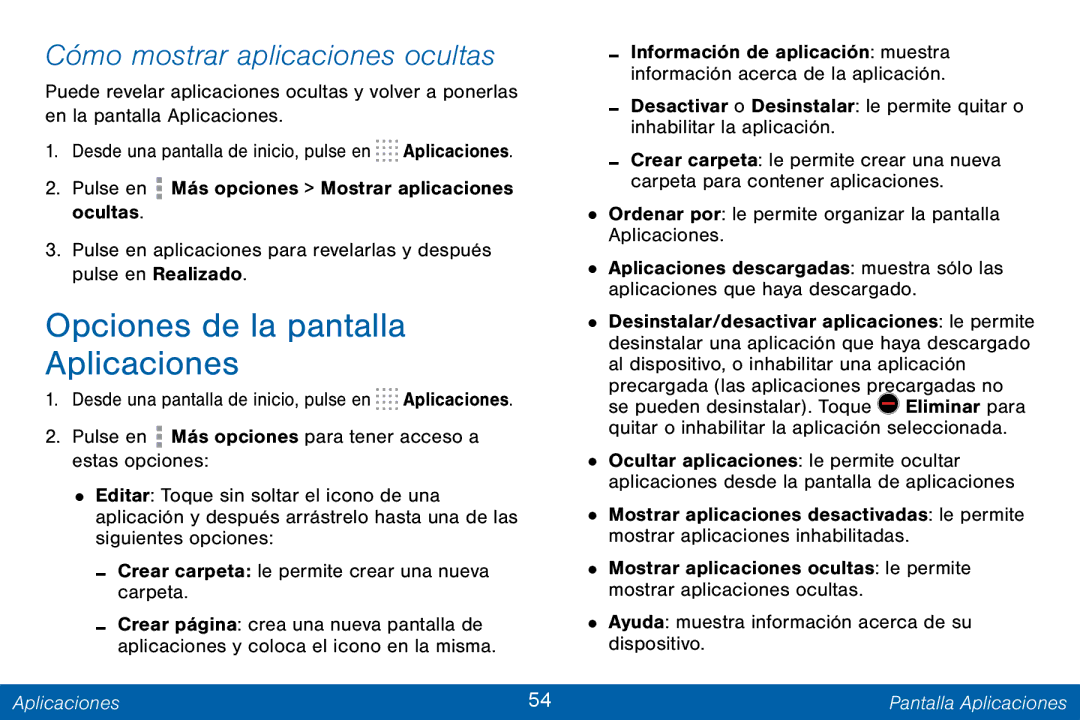 Samsung GH68-42147A manual Opciones de la pantalla Aplicaciones, Cómo mostrar aplicaciones ocultas 