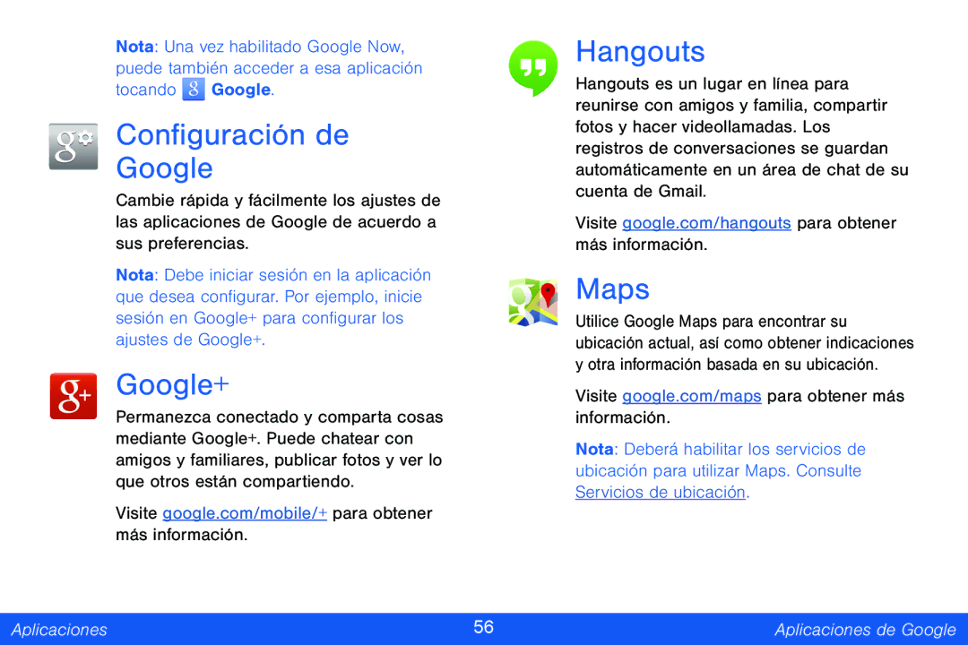 Samsung GH68-42147A manual Configuración de Google, Google+, Hangouts, Maps 