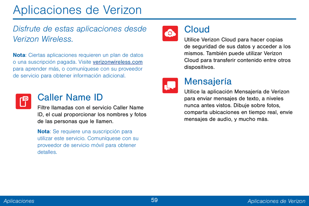 Samsung GH68-42147A manual Aplicaciones de Verizon, Caller Name ID, Cloud, Mensajería 