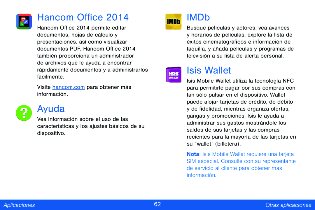 Samsung GH68-42147A manual Hancom Office Ayuda, IMDb, Isis Wallet 